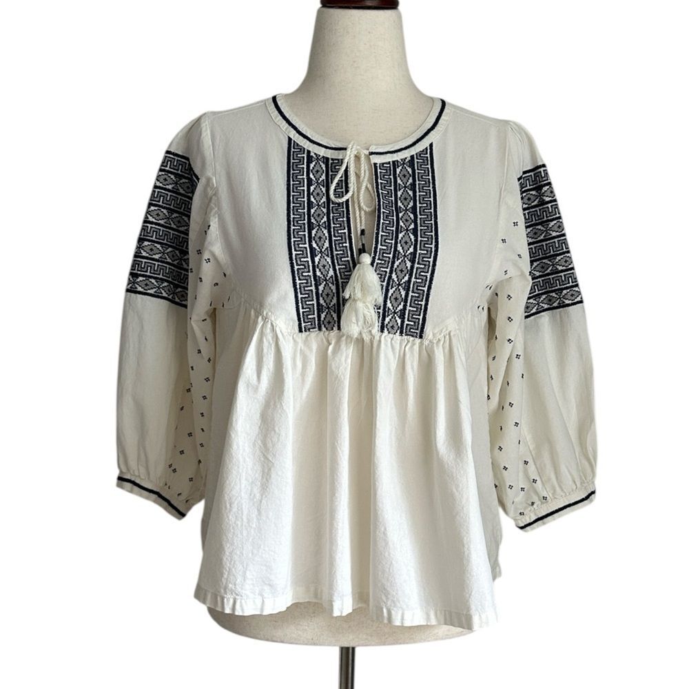 Lucky Brand White Boho Peasant Top Size M Embroidered Tassel Blouse